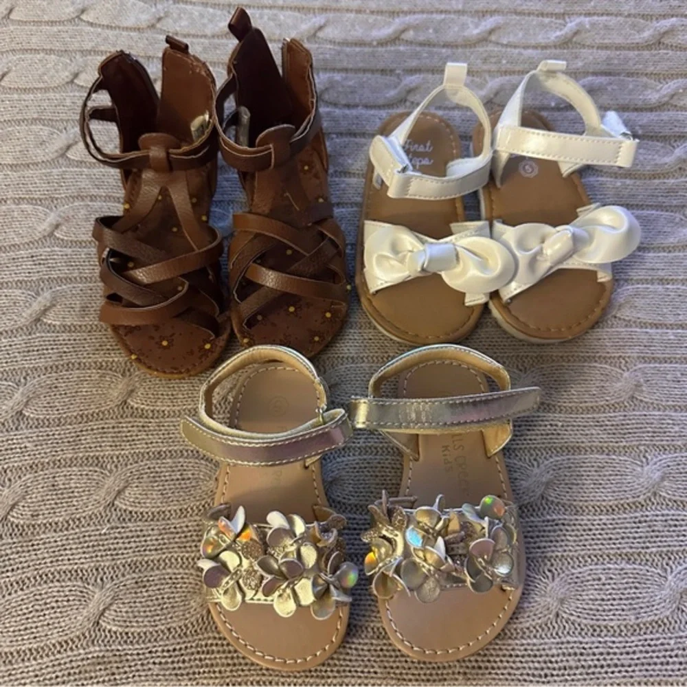 NWOT 3pc Carter’s/First Steps Baby Girl Sandals Bundle, Gold & Neutrals, Size 5